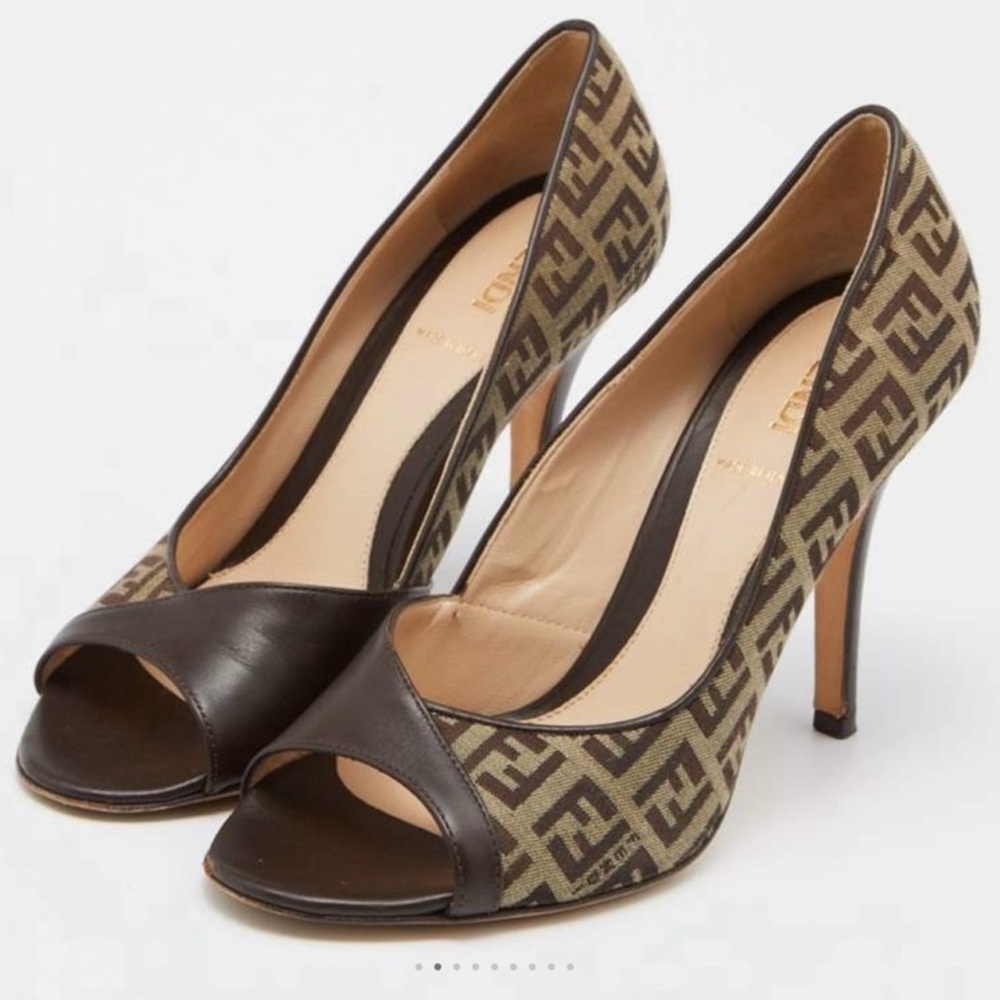 Fendi Brown Monogram Peep-Toe Pumps with Dark Brown Trim